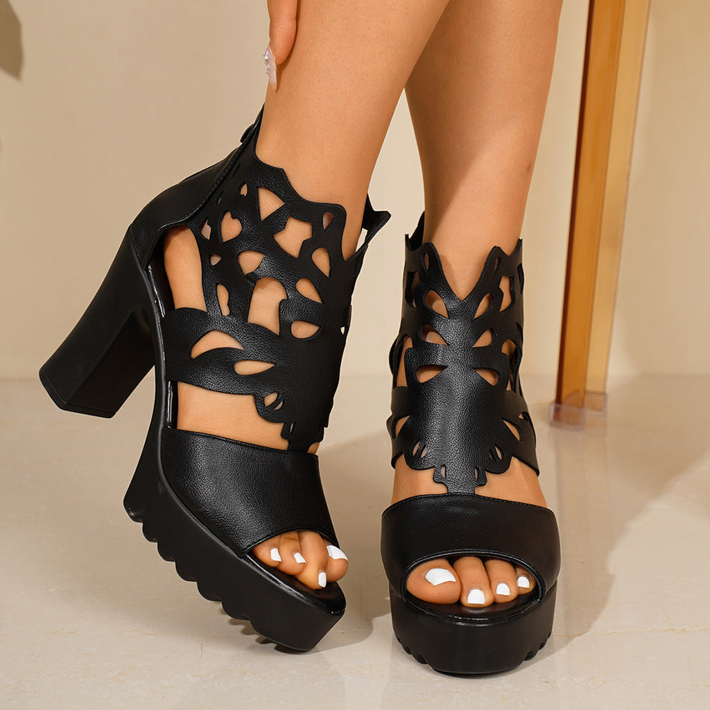 Women's Cutout Platform Chunky Heel Sandals - Black Hollow Peep Toe Ankle Boots