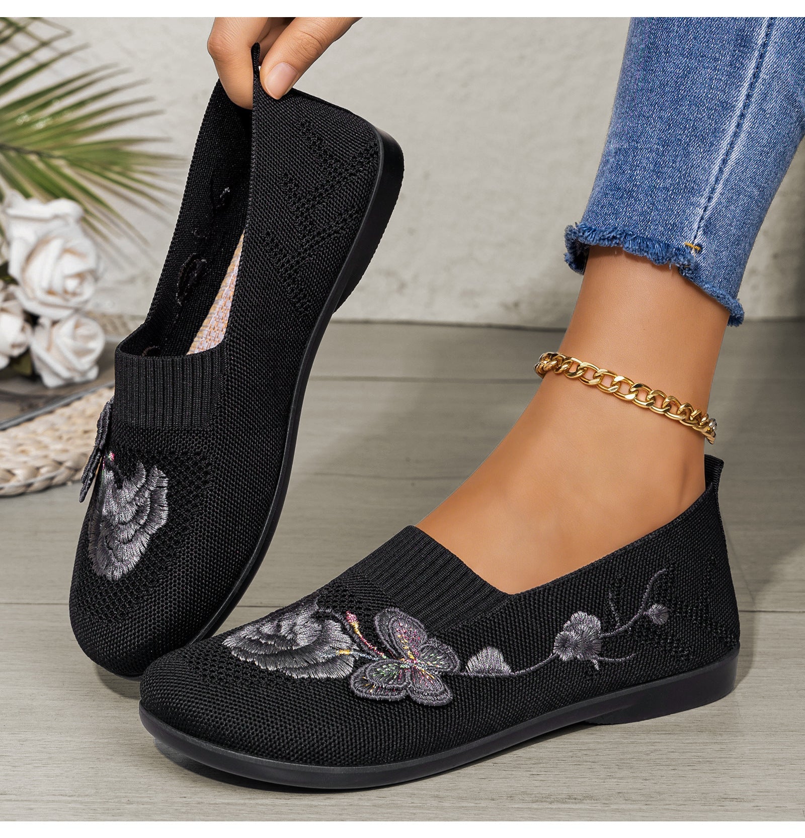 Women's Embroidered Knit Slip-On Shoes – Breathable Butterfly Casual Flats