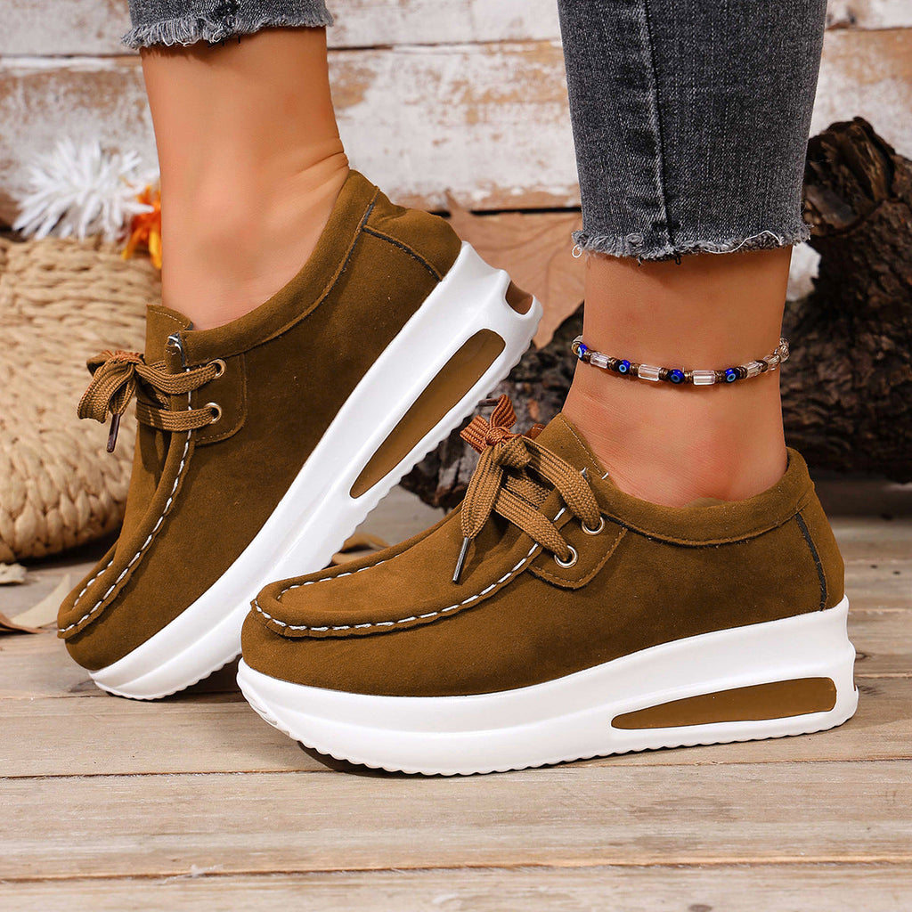 Women's Platform Lace-Up Loafers - Chunky Sole Suede Casual Sneakers