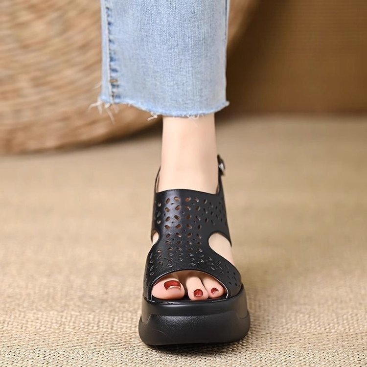 Women's 6CM Platform Chunky Heel Sandals - Perforated Cutout Open Toe Slingback Shoes with Ankle Strap