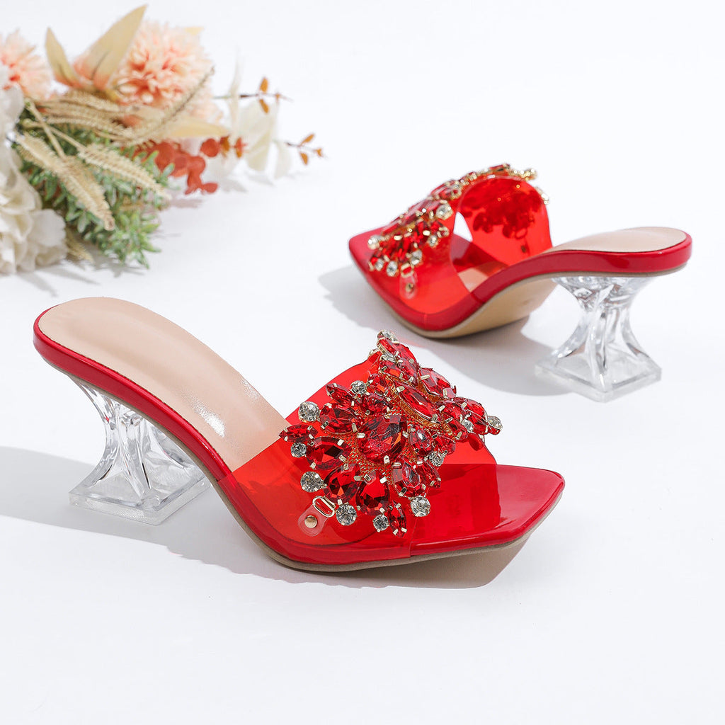 Sparkle Square Toe Clear Heeled Sandals – Rhinestone Embellished Transparent Mules