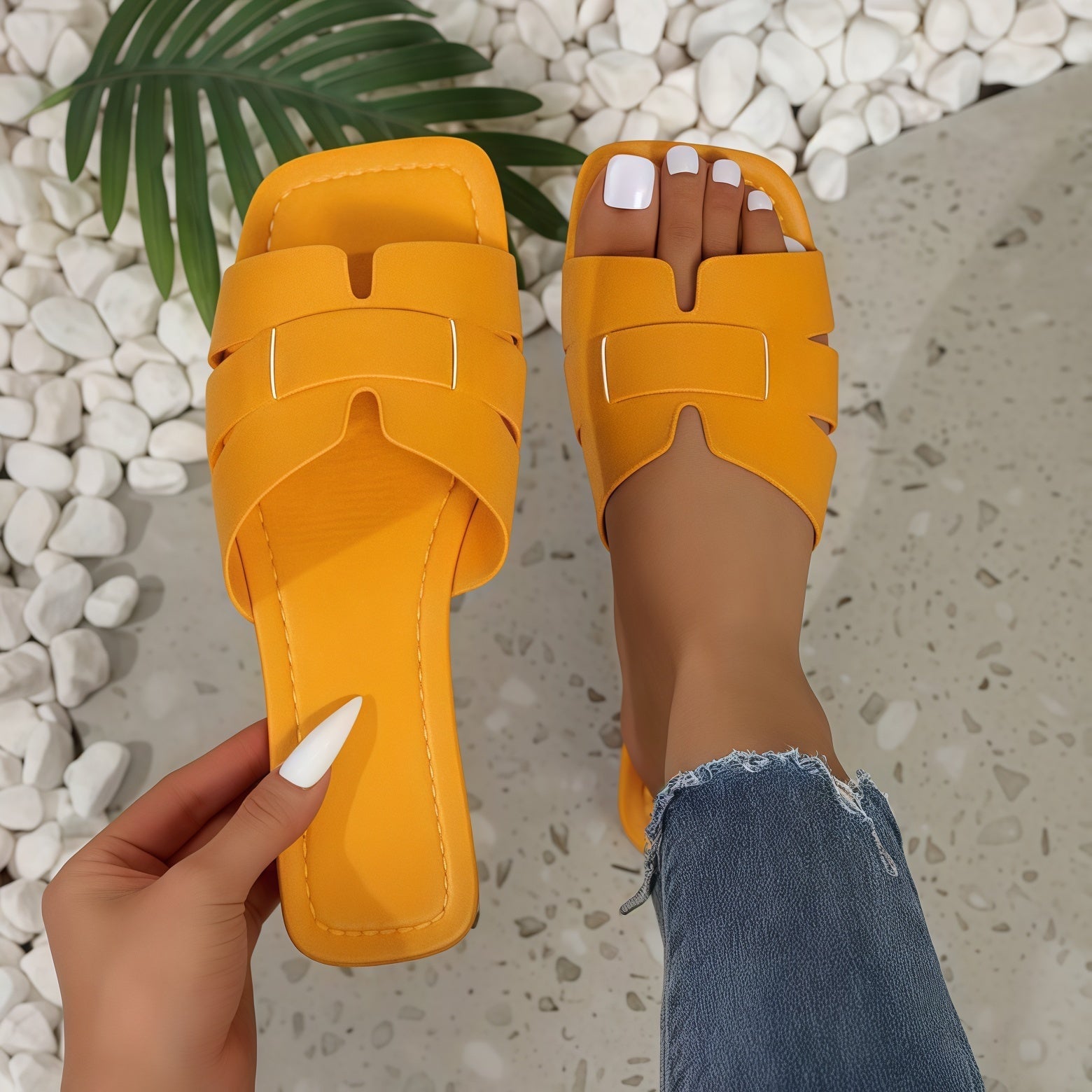 Women's Chunky Slide Sandals - Wide Strap Flat Block Heel Mules