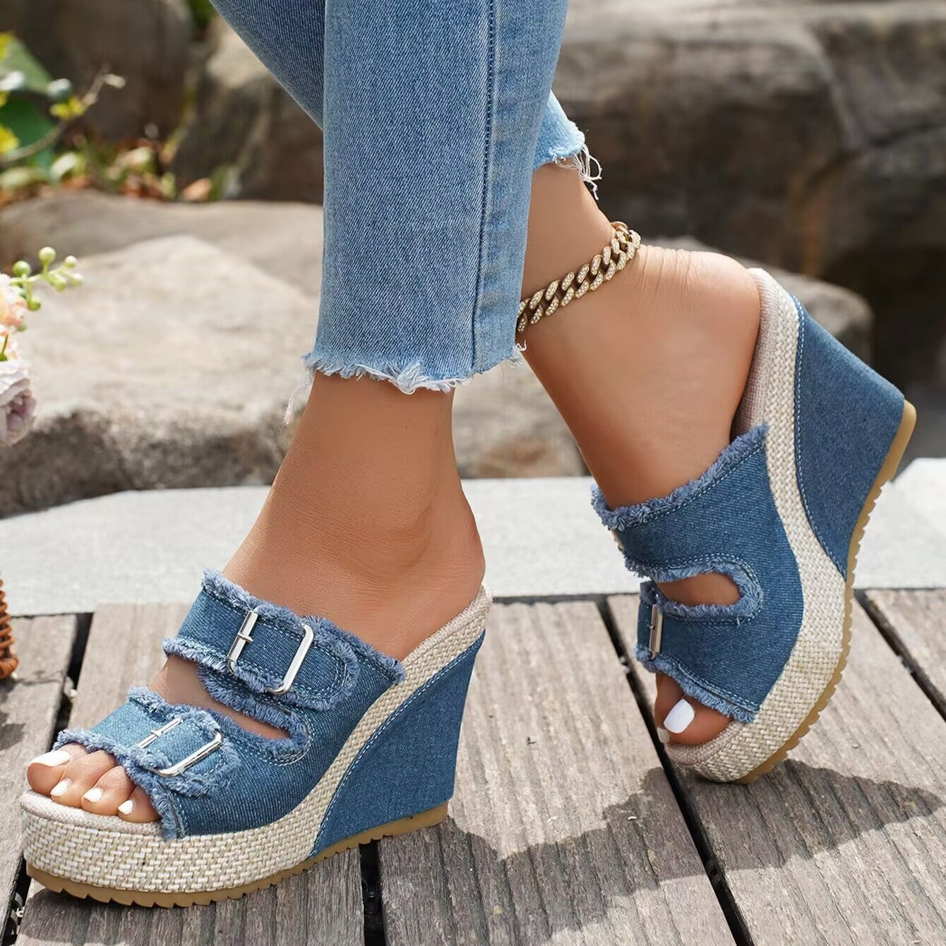 Women's Denim Wedge Platform Sandals Frayed Buckle Strap Espadrille Mules