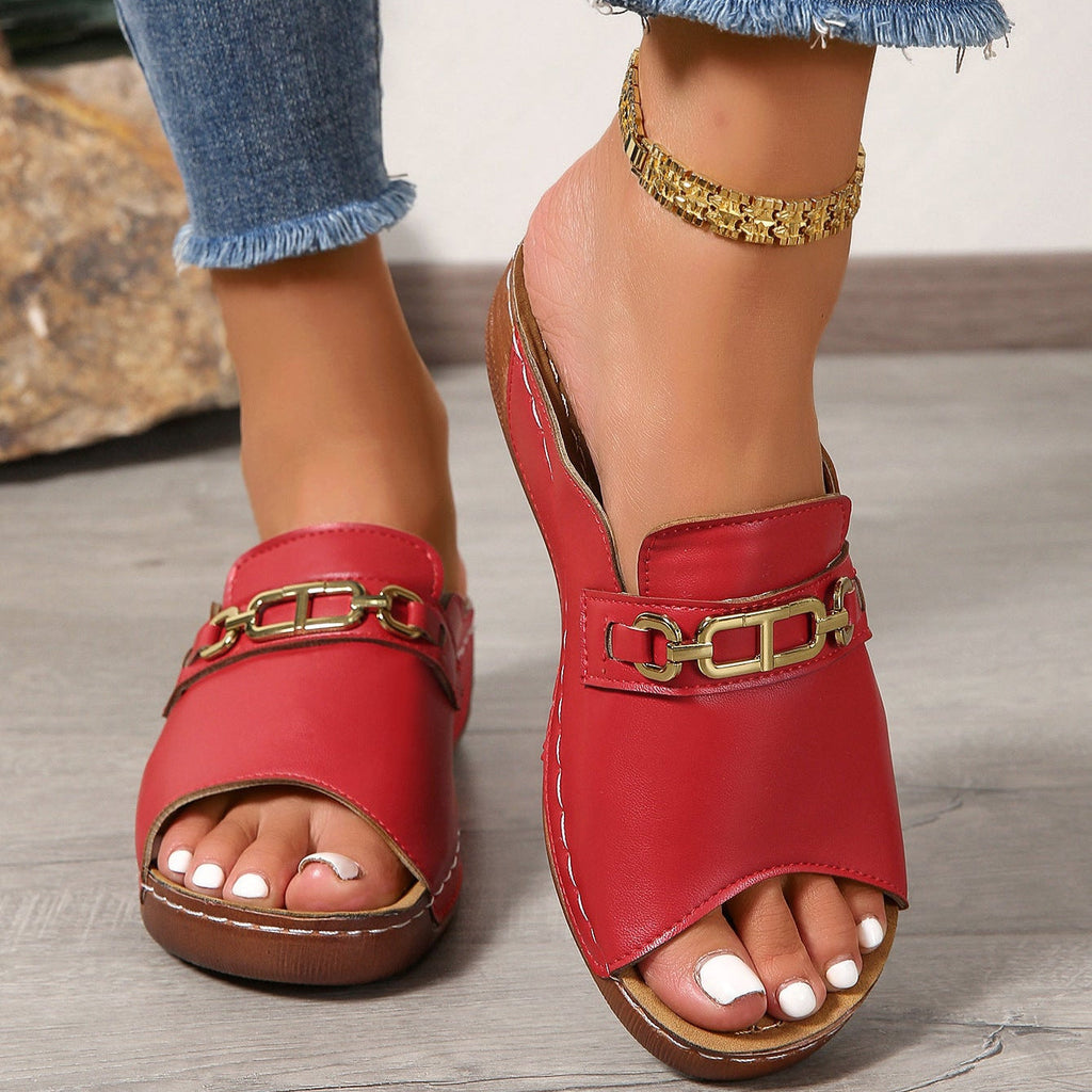 Peep Toe Wedge Mules with Chain Detail – Women's Platform Slip-On Sandals