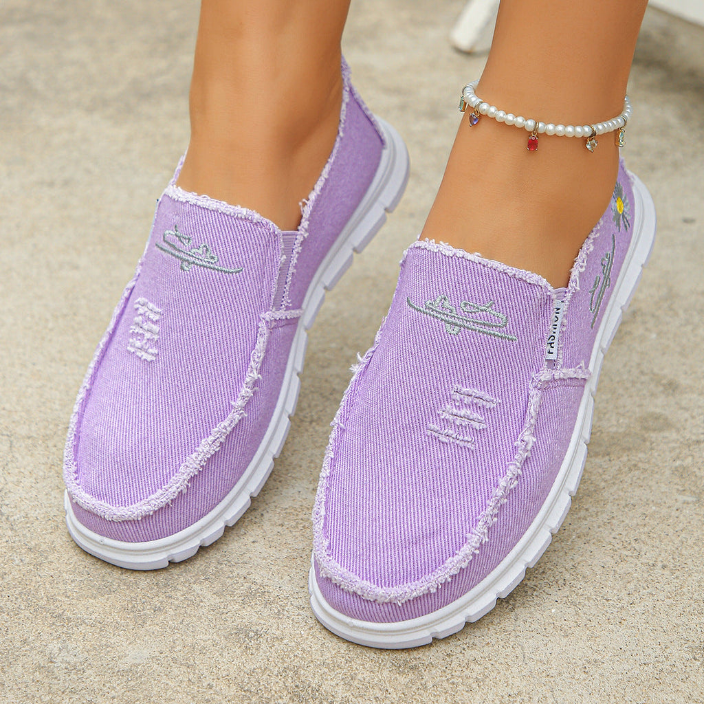Women's Distressed Canvas Slip-On Loafers - Skateboard Embroidered Casual Shoes