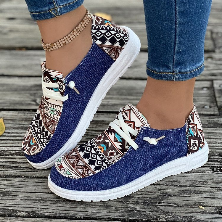Women's Ethnic Aztec Canvas Sneakers - Tribal Print Casual Slip-On Shoes