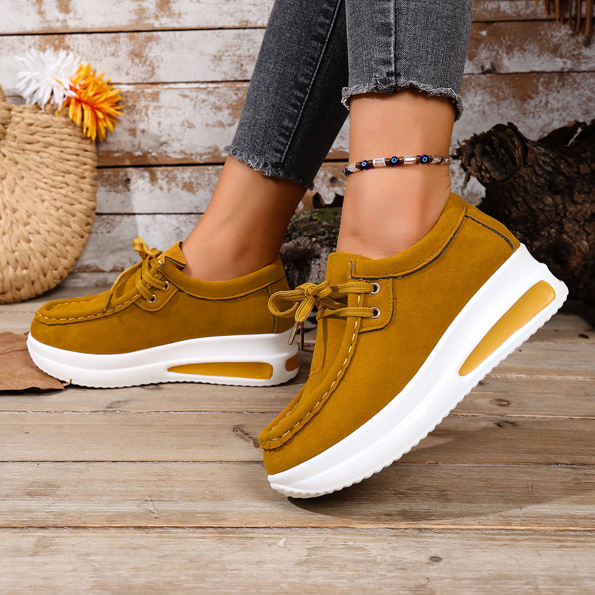 Women's Platform Lace-Up Loafers - Chunky Sole Suede Casual Sneakers