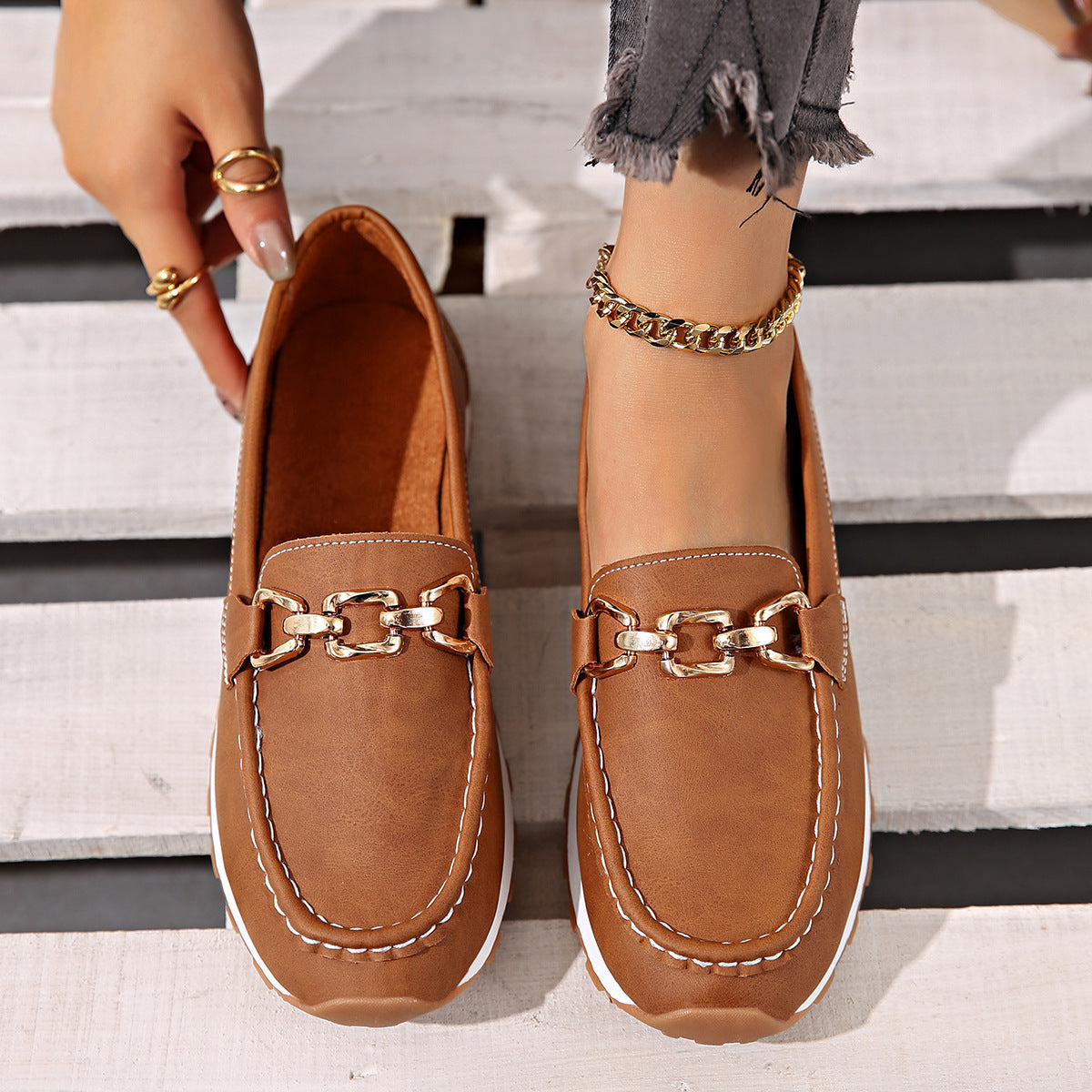 Classic Gold Buckle Loafers – Casual Platform Slip-On Shoes