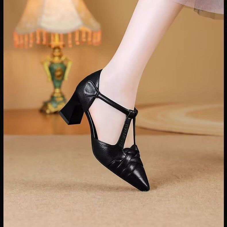 Women's Pointed Toe T-Strap Block Heel Pumps - Braided Dress Shoes