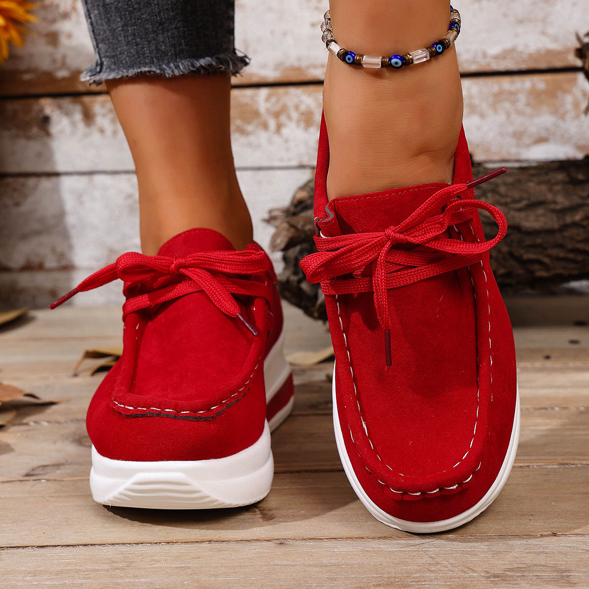 Women's Platform Lace-Up Loafers - Chunky Sole Suede Casual Sneakers