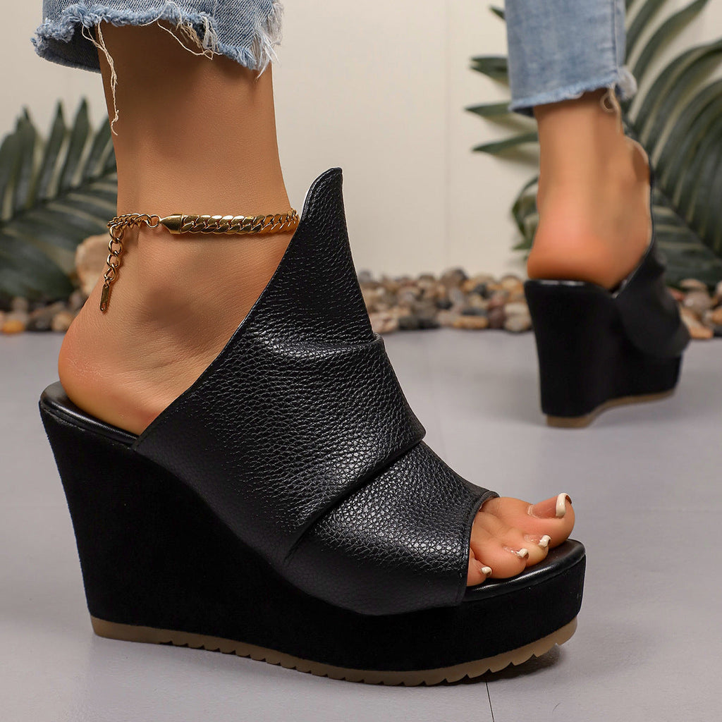 Women's Platform Wedge Sandals - Crisscross Strap Chunky Heel Slides