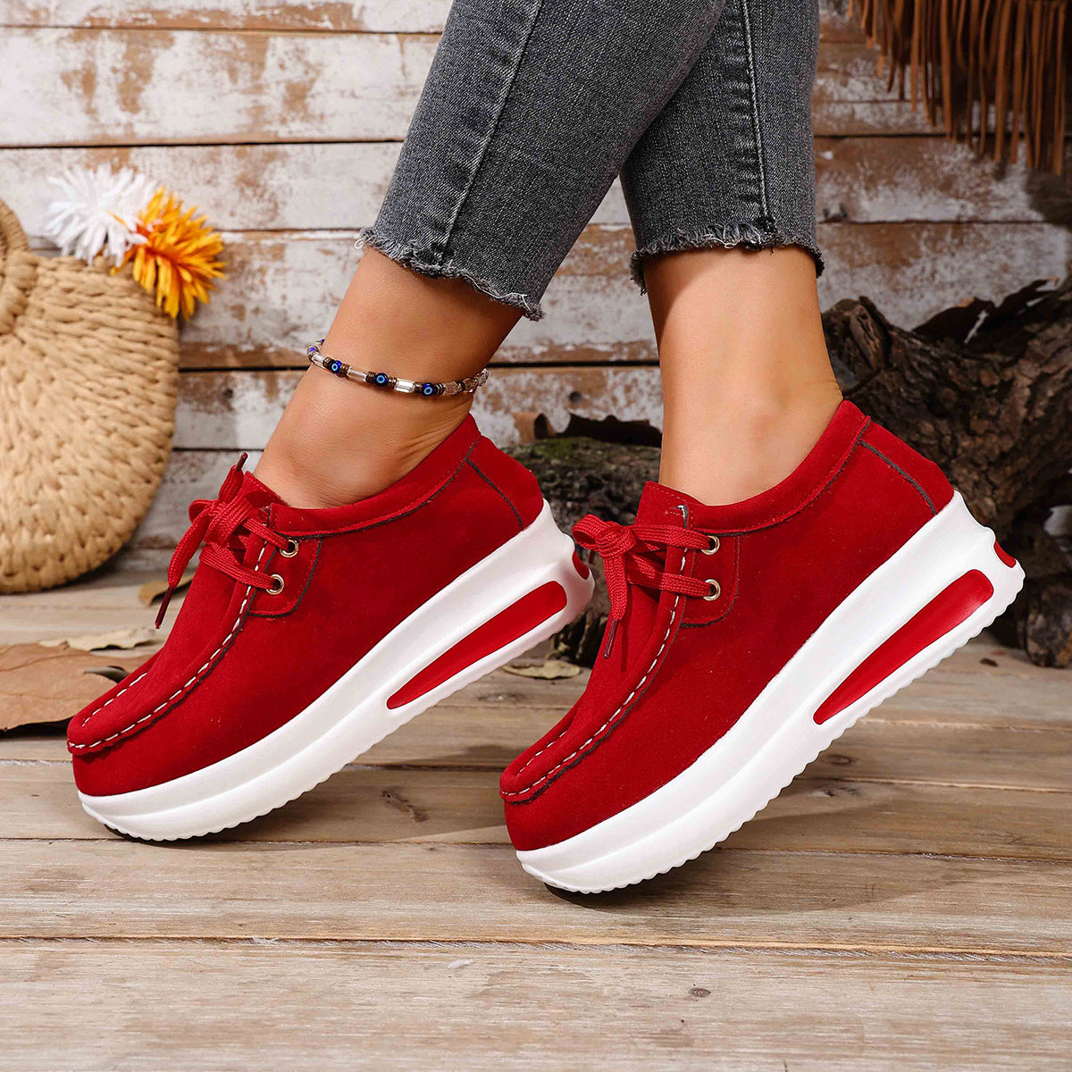 Women's Platform Lace-Up Loafers - Chunky Sole Suede Casual Sneakers