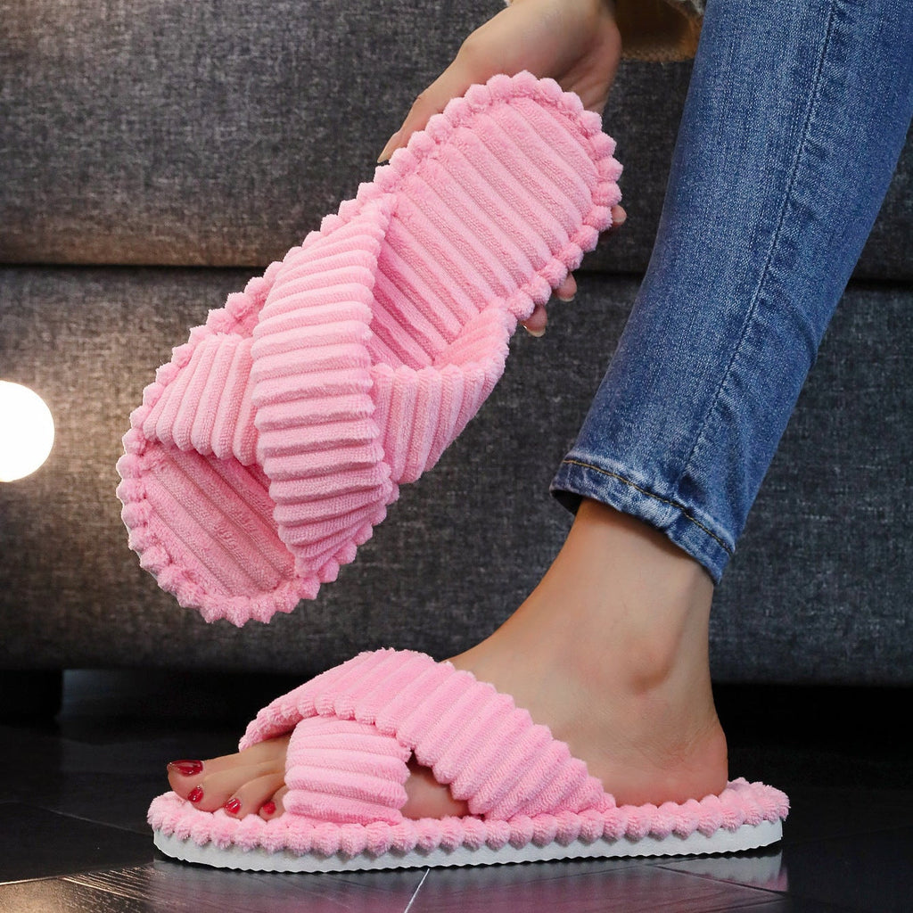 Cozy Corduroy Cross Strap Slides – Plush Platform Slippers