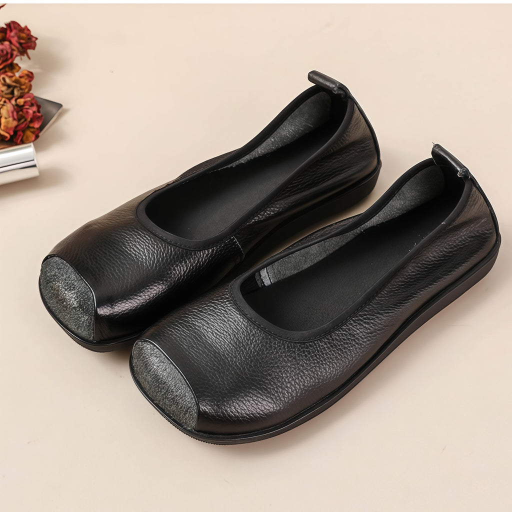 Women's Genuine Cowhide Leather Slip-On Flats - Square Toe Comfort Casual Shoes