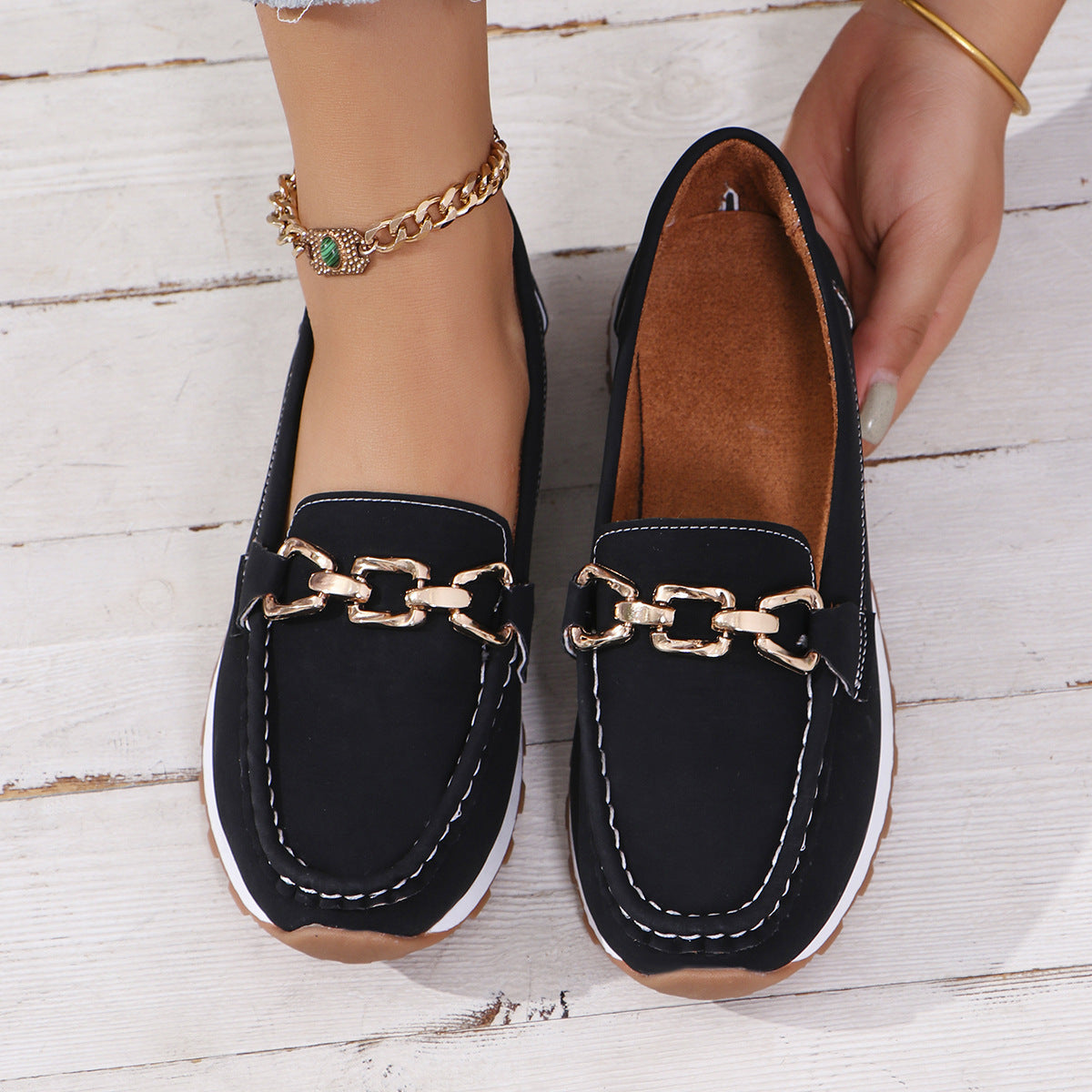 Classic Gold Buckle Loafers – Casual Platform Slip-On Shoes