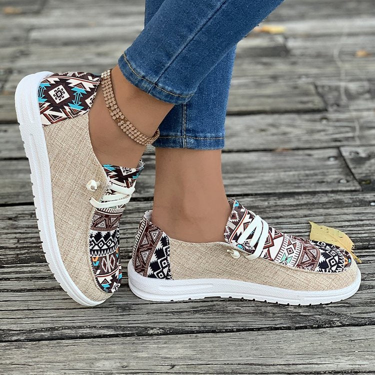 Women's Ethnic Aztec Canvas Sneakers - Tribal Print Casual Slip-On Shoes