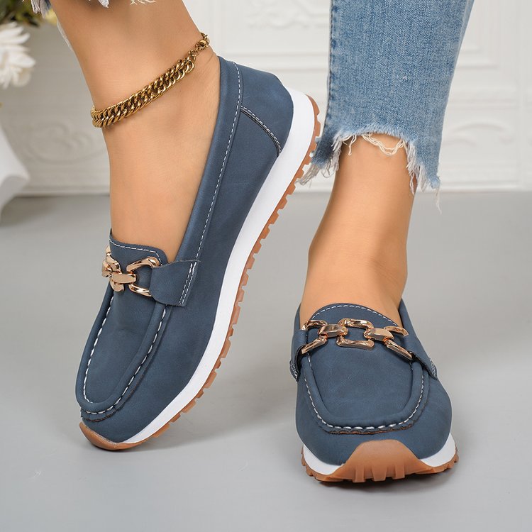 Classic Gold Buckle Loafers – Casual Platform Slip-On Shoes