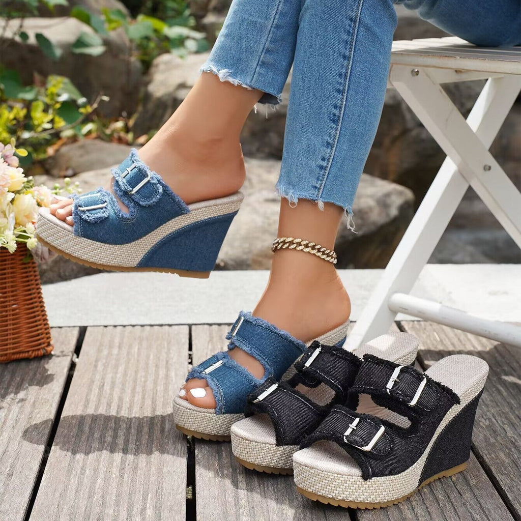 Women's Denim Wedge Platform Sandals Frayed Buckle Strap Espadrille Mules