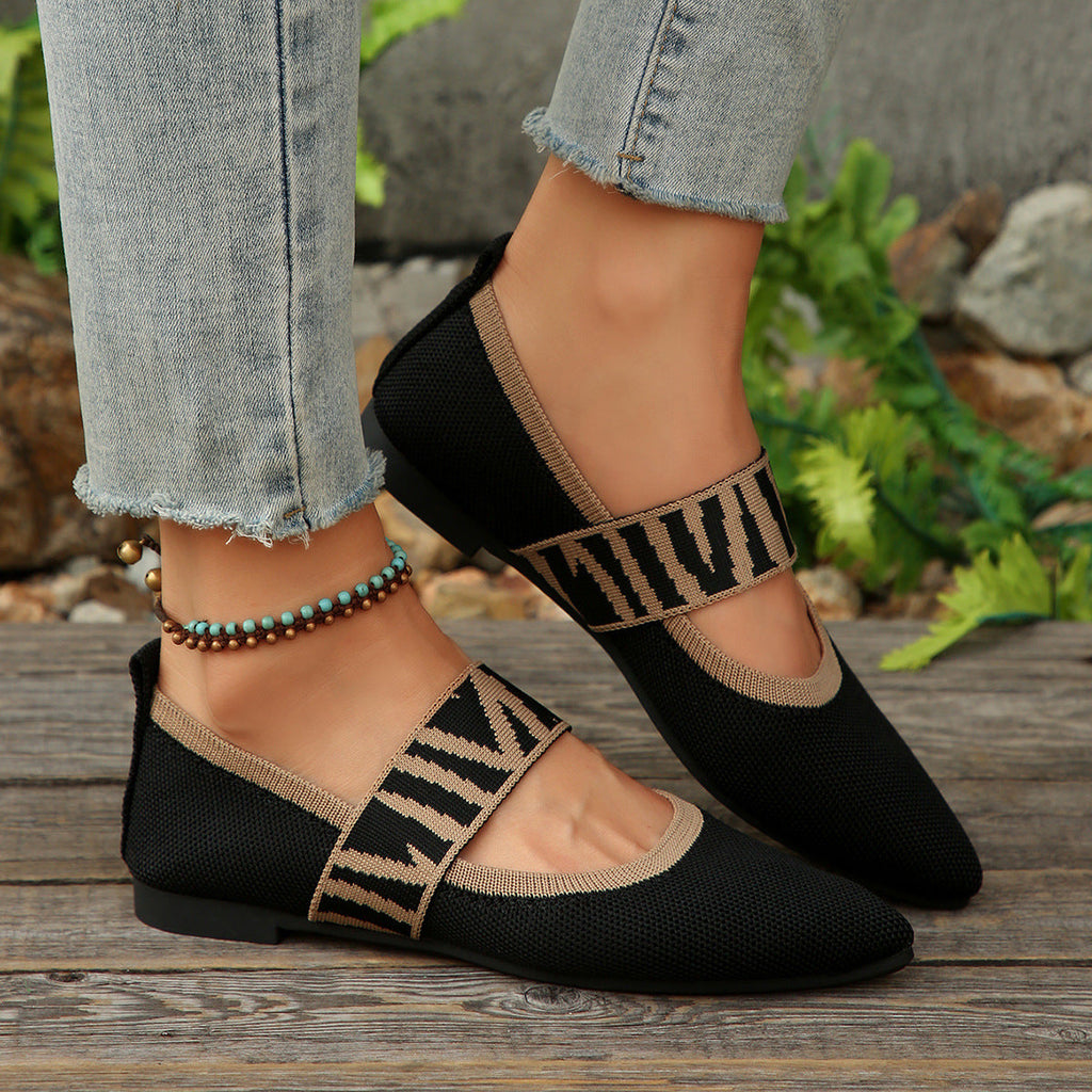 Women's Pointed Toe Mary Jane Flats - Woven Knit Elastic Strap Comfort Shoes