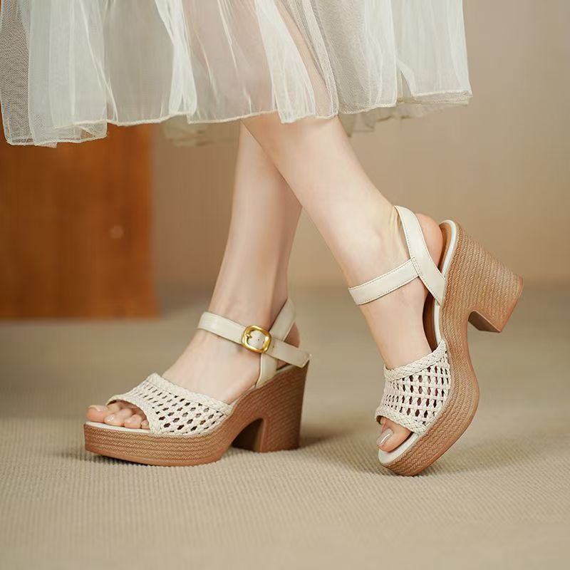 Women's 8CM Platform Chunky Heel Sandals - Woven Open Toe Slingback Shoes with Ankle Strap
