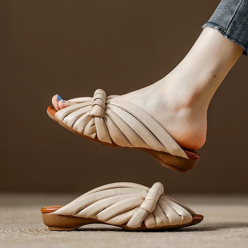 Women's Braided Knot Slide Sandals - Pleated Puffy Strap Low Heel Mules