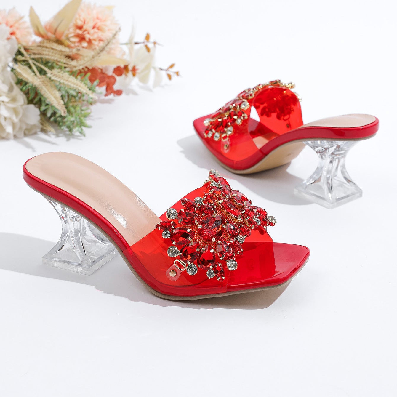 Sparkle Square Toe Clear Heeled Sandals – Rhinestone Embellished Transparent Mules