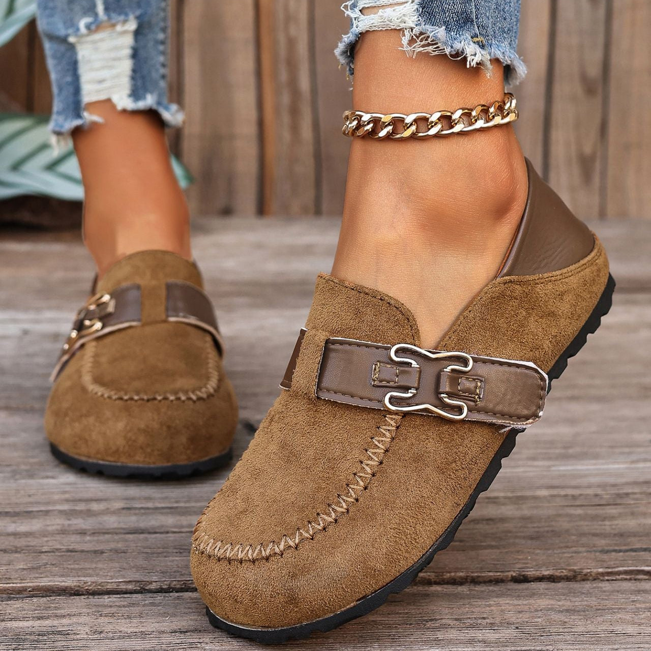 Women's Suede Buckle Mule Loafers - Leopard Print & Solid Casual Slip-On Shoes