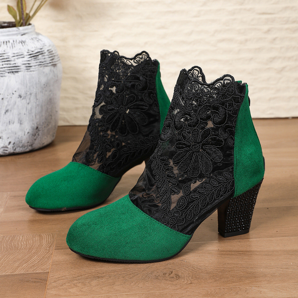 Elegant Lace Suede Ankle Boots – Floral Embroidered Block Heel Booties with Rhinestone Detail