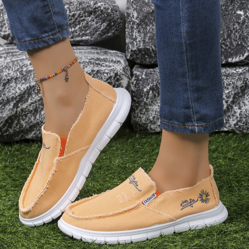 Women's Distressed Canvas Slip-On Loafers - Skateboard Embroidered Casual Shoes