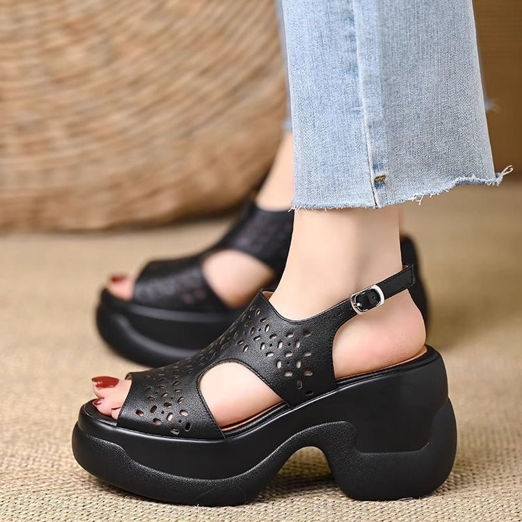 Women's 6CM Platform Chunky Heel Sandals - Perforated Cutout Open Toe Slingback Shoes with Ankle Strap
