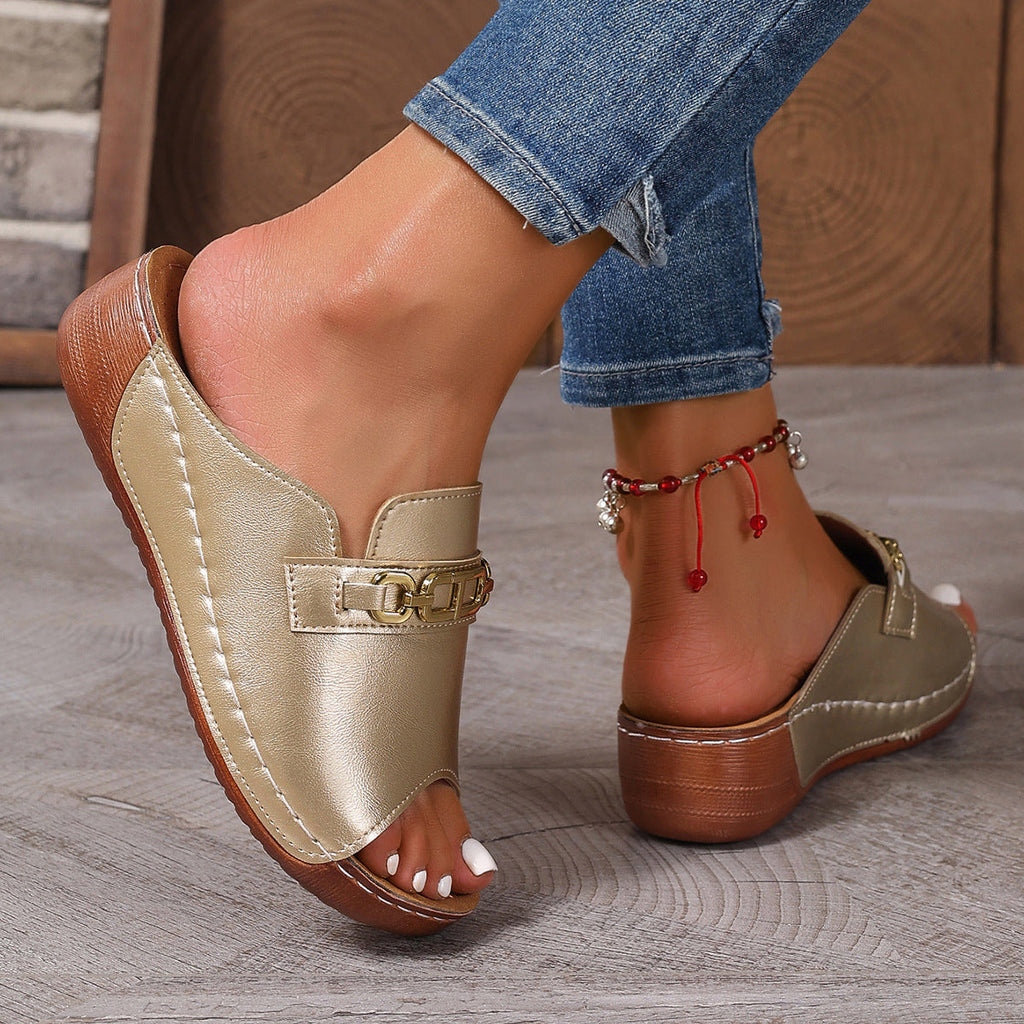 Peep Toe Wedge Mules with Chain Detail – Women's Platform Slip-On Sandals