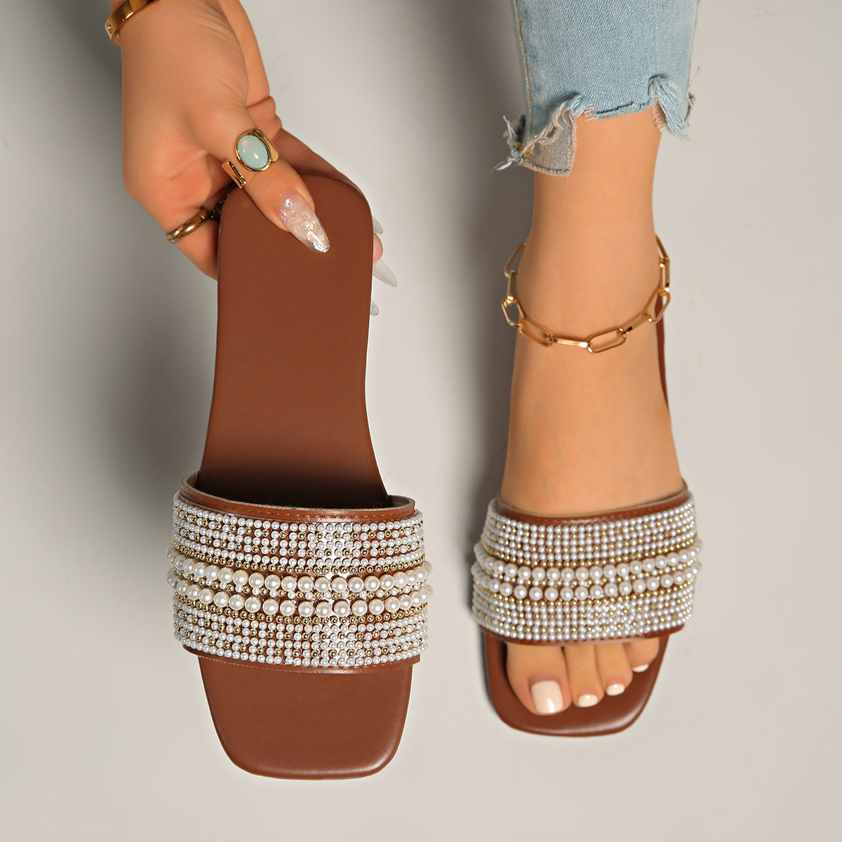 Pearl Rhinestone Embellished Square Toe Slide Sandals – Flat Comfort Mules