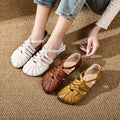 Women's Genuine Cow Leather Woven Strappy Flat Sandals - Pleated Open Toe Comfort Shoes with Ankle Strap