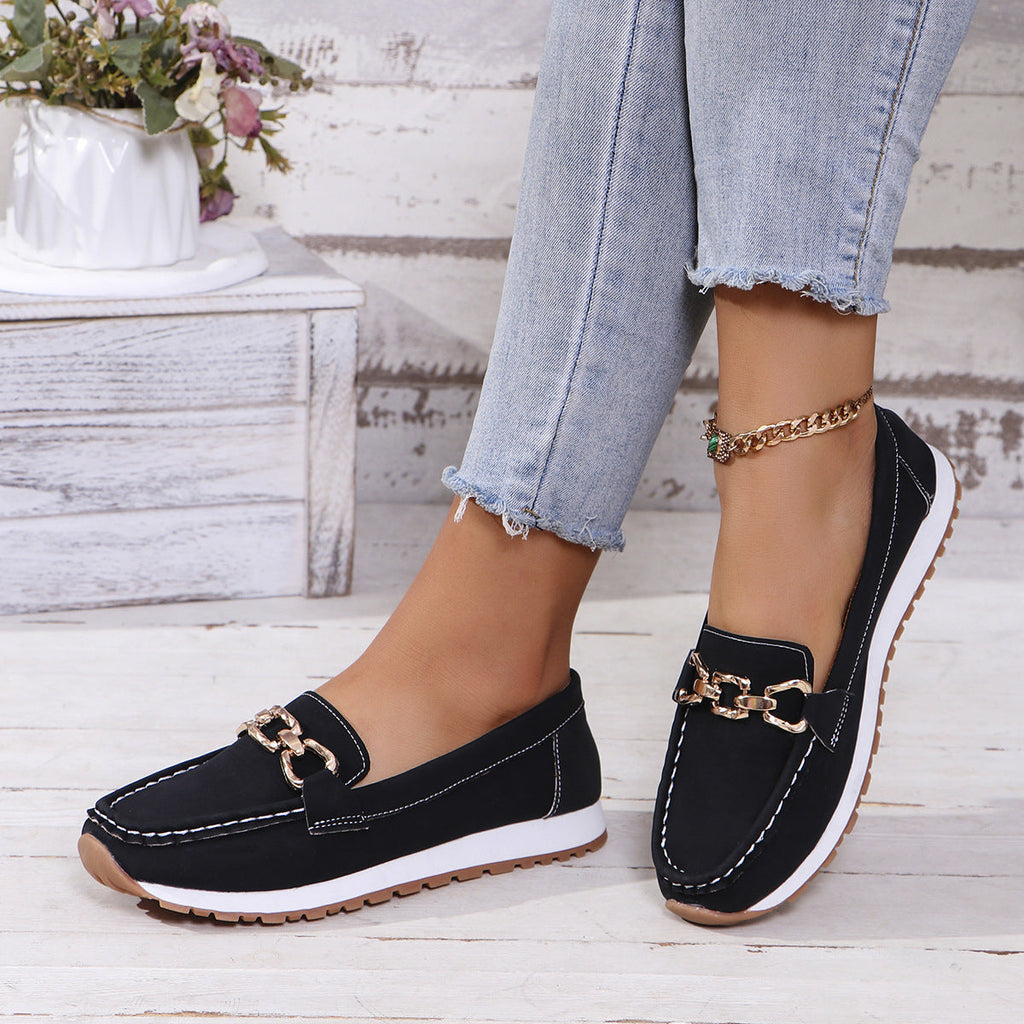 Classic Gold Buckle Loafers – Casual Platform Slip-On Shoes