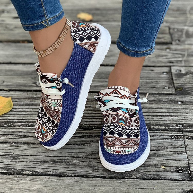 Women's Ethnic Aztec Canvas Sneakers - Tribal Print Casual Slip-On Shoes