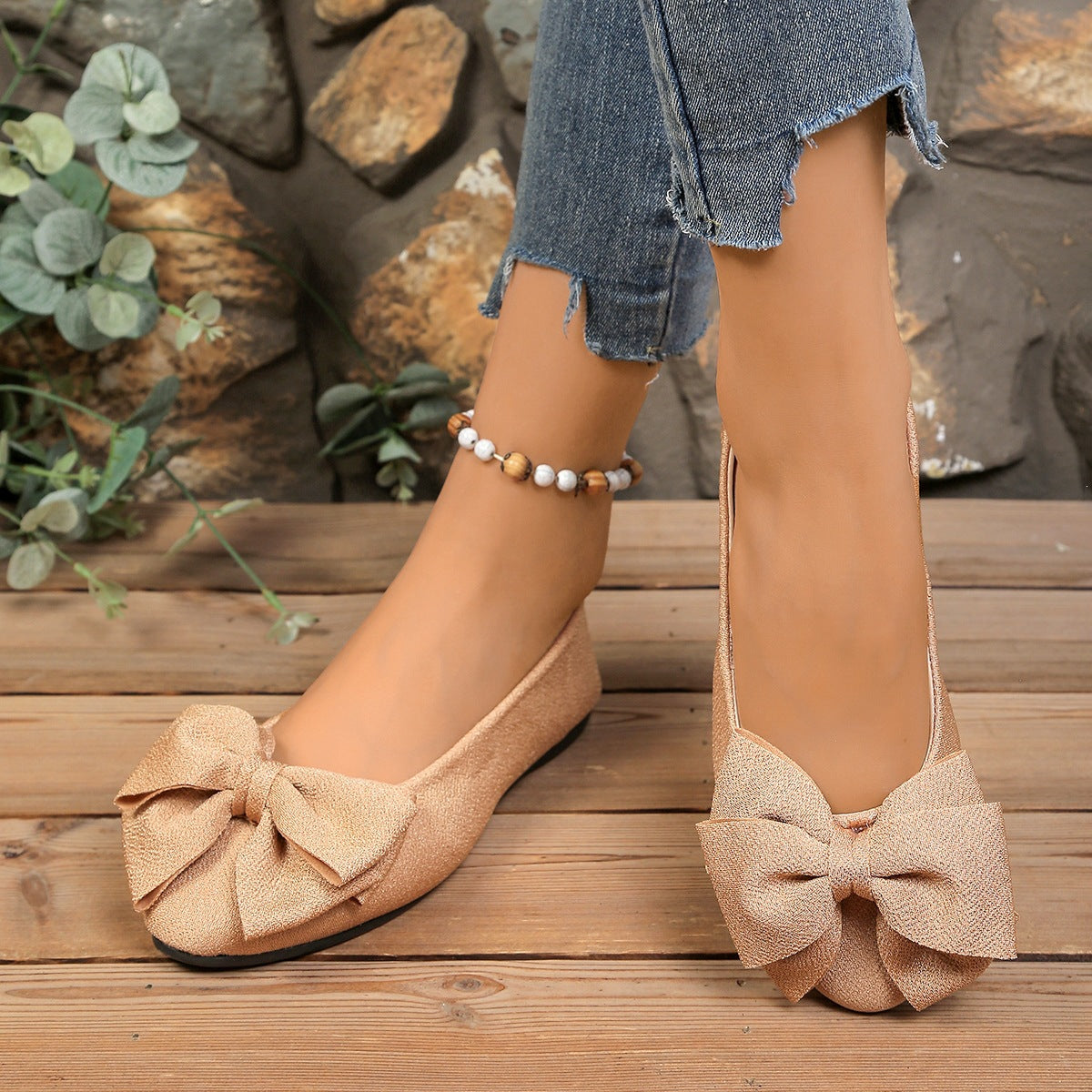 Women's Bow Flat Shoes – Sparkly Glitter Slip-On Ballet Flats with Big Bow