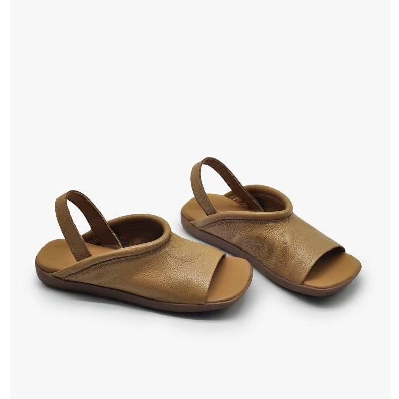 Women's Soft Leather Open Toe Slingback Sandals - Comfort Flat Casual Slides