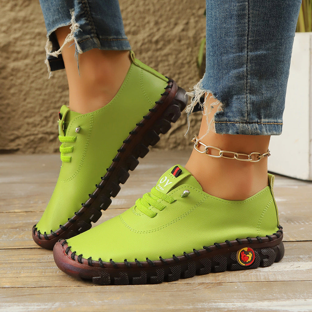 Casual Lace-Up Loafers for Women – Soft Leather Stitched Comfort Shoes with Anti-Slip Sole