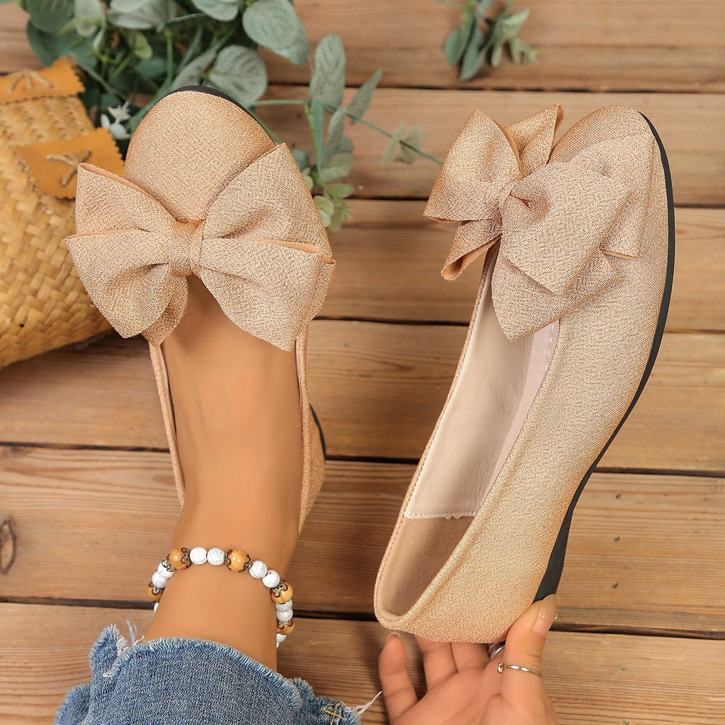 Women's Bow Flat Shoes – Sparkly Glitter Slip-On Ballet Flats with Big Bow