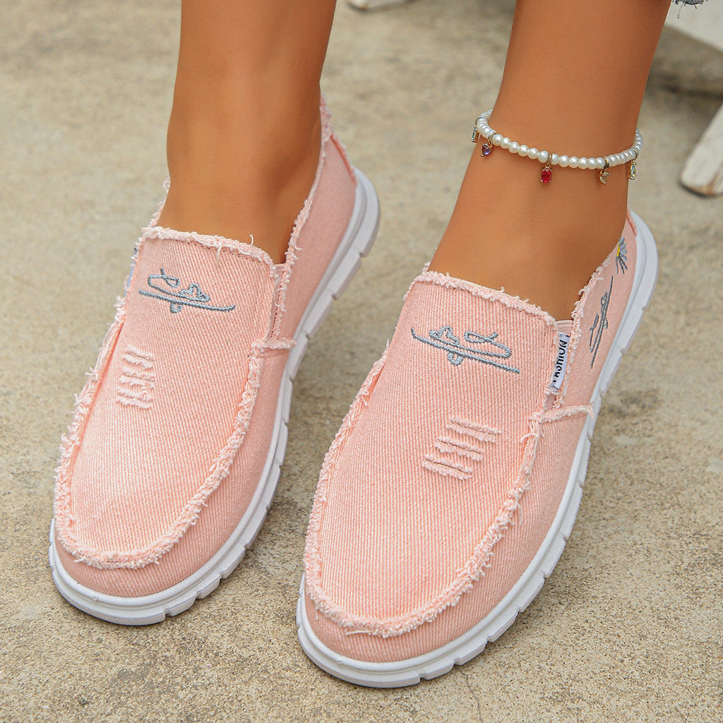 Women's Distressed Canvas Slip-On Loafers - Skateboard Embroidered Casual Shoes