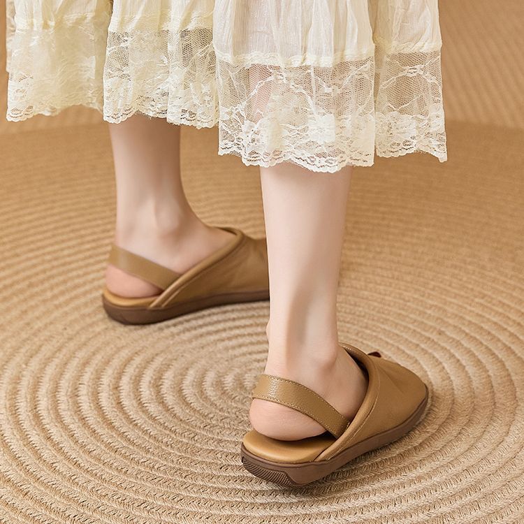 Women's Soft Leather Open Toe Slingback Sandals - Comfort Flat Casual Slides
