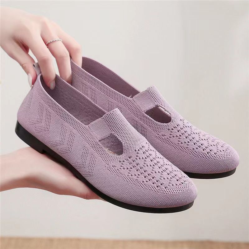 Women's Breathable Knit Slip-On Flats with Cutout Detail - Lightweight Casual Shoes