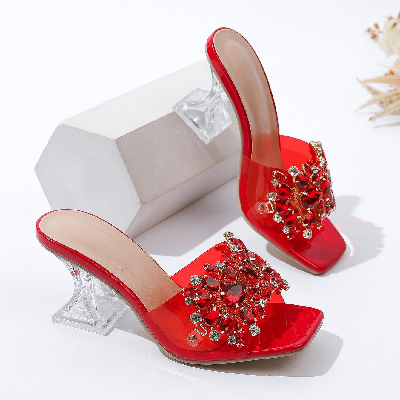 Sparkle Square Toe Clear Heeled Sandals – Rhinestone Embellished Transparent Mules
