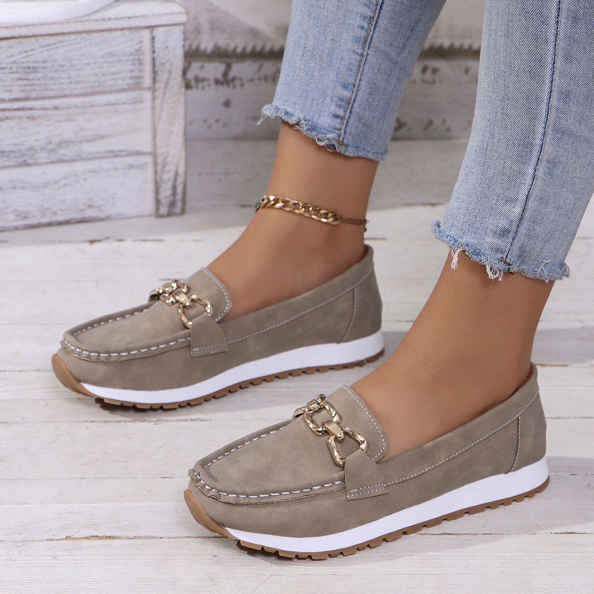 Classic Gold Buckle Loafers – Casual Platform Slip-On Shoes