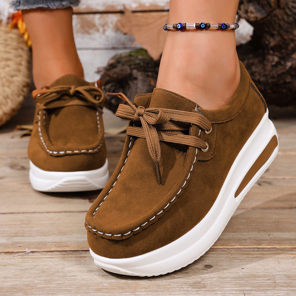 Women's Platform Lace-Up Loafers - Chunky Sole Suede Casual Sneakers