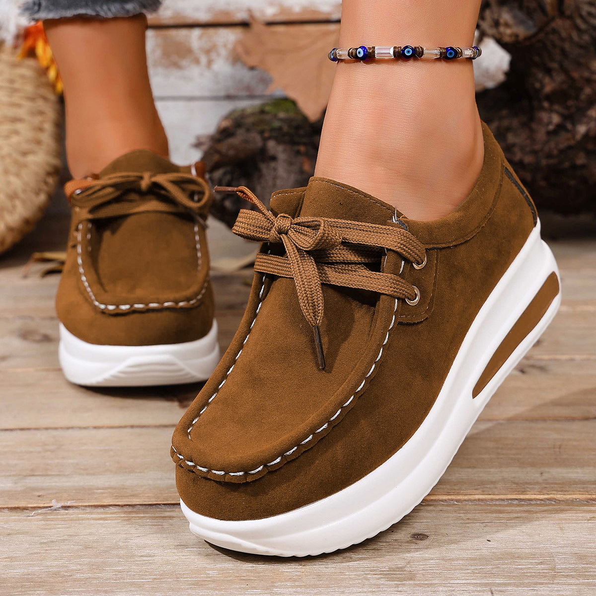 Women's Platform Lace-Up Loafers - Chunky Sole Suede Casual Sneakers