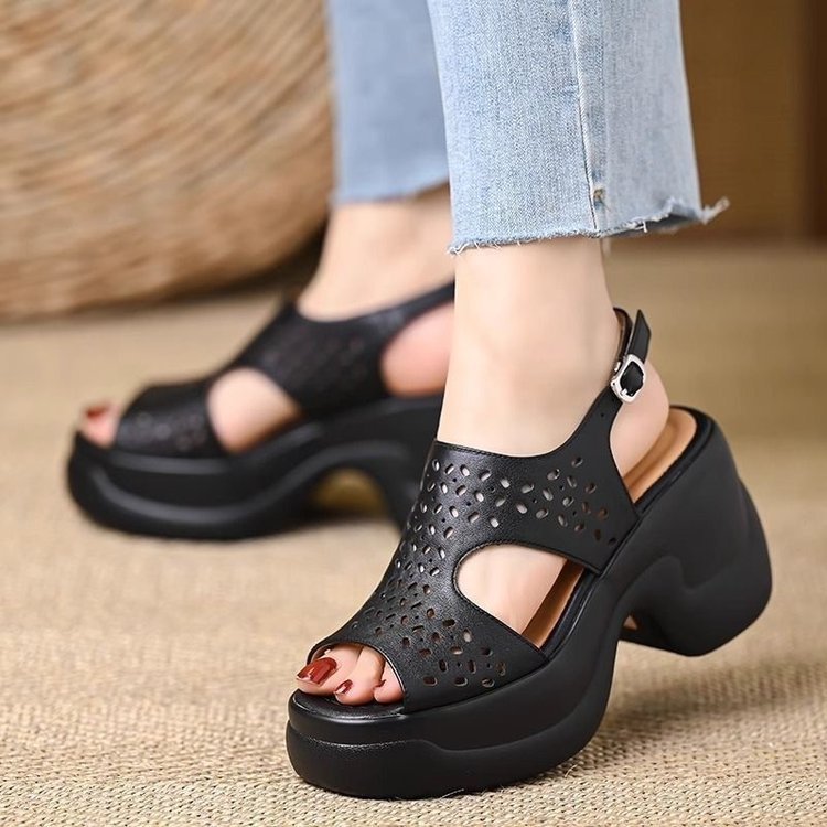 Women's 6CM Platform Chunky Heel Sandals - Perforated Cutout Open Toe Slingback Shoes with Ankle Strap