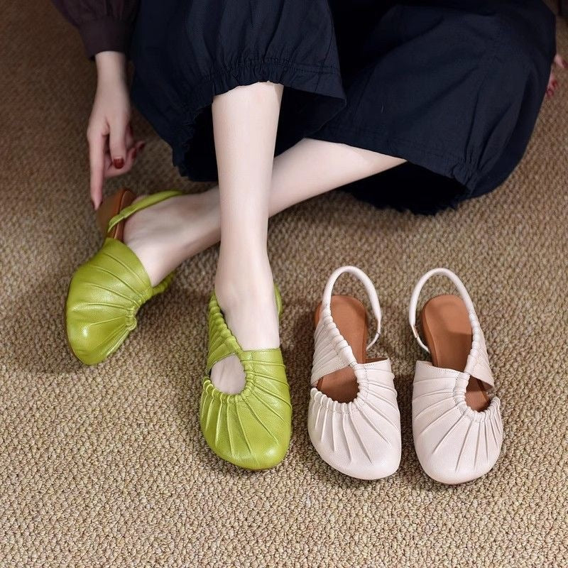 Women's Pleated Leather Slingback Mules - Low Heel Comfort Flats