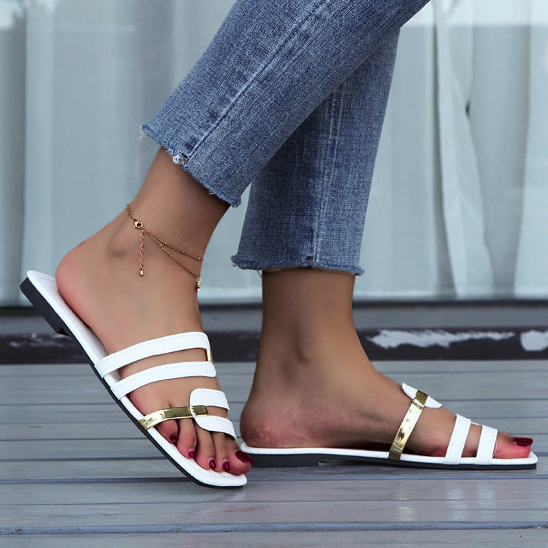 Women's Square Toe Strappy Slide Sandals with Gold Metal Accents – Comfortable Flat Summer Shoes
