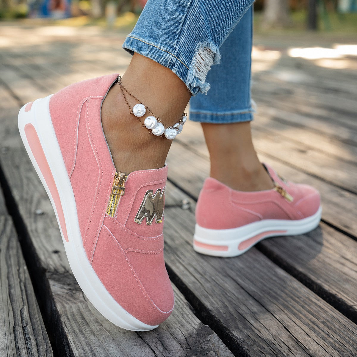 Women's Slip-On Platform Sneakers with Zipper & Metallic Accent - Casual Wedge Shoes